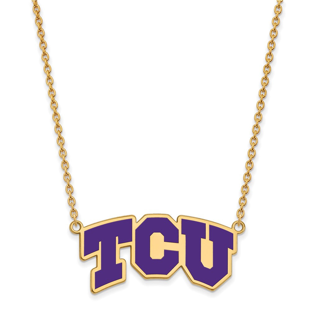 Sterling Silver Gold-plated LogoArt Texas Christian University T-C-U Large Enameled Pendant 18 inch Necklace
