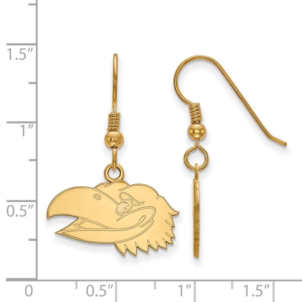 Sterling Silver Gold-plated LogoArt University of Kansas Jayhawk Small Dangle Wire Earrings