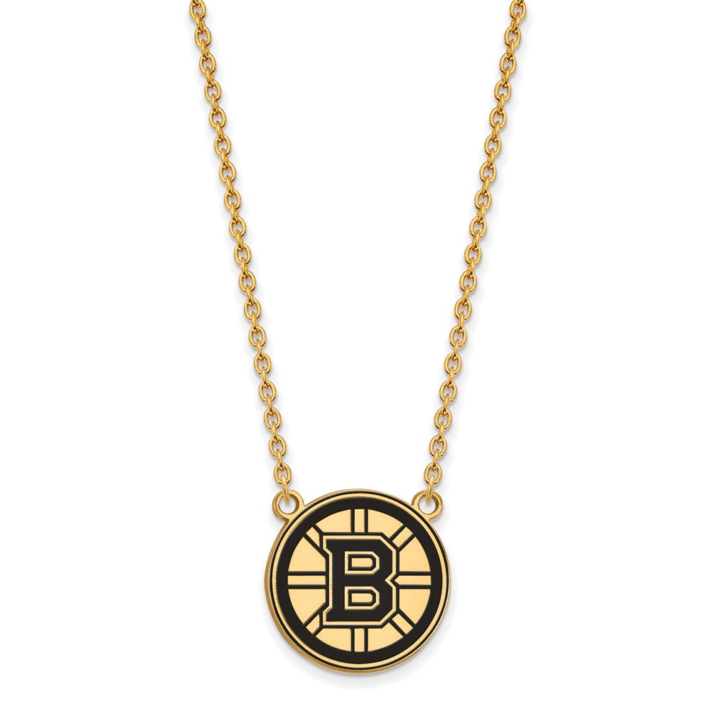 Sterling Silver Gold-plated NHL LogoArt Boston Bruins Large Enameled Pendant 18 inch Necklace