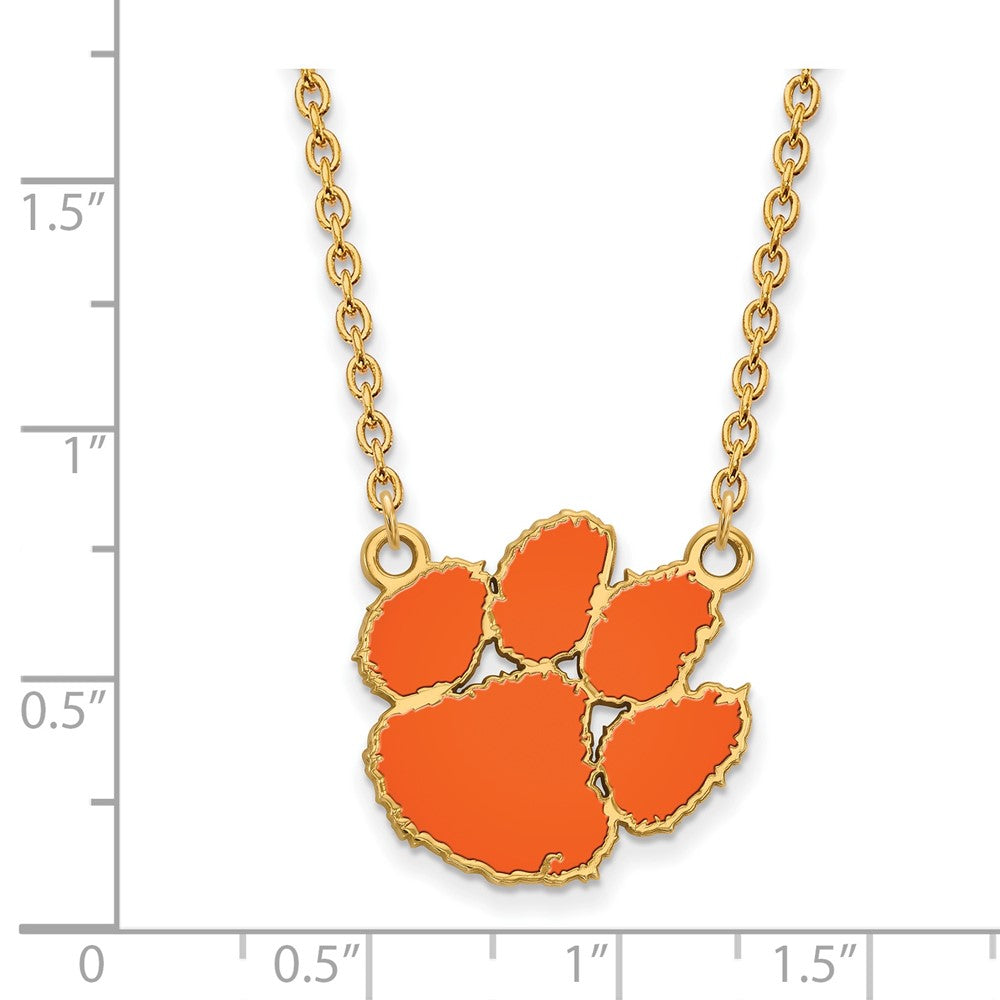 Sterling Silver Gold-plated LogoArt Clemson University Tiger Paw Large Enameled Pendant 18 inch Necklace