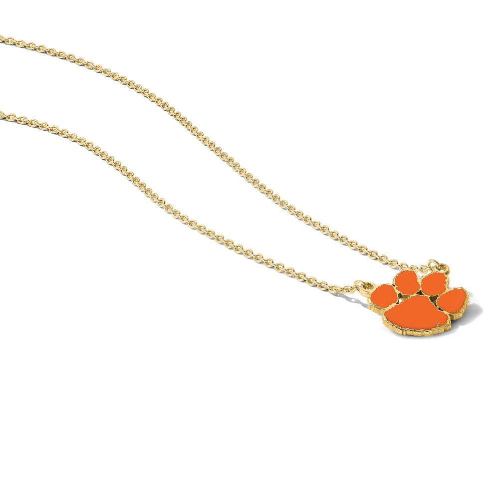 Sterling Silver Gold-plated LogoArt Clemson University Tiger Paw Large Enameled Pendant 18 inch Necklace