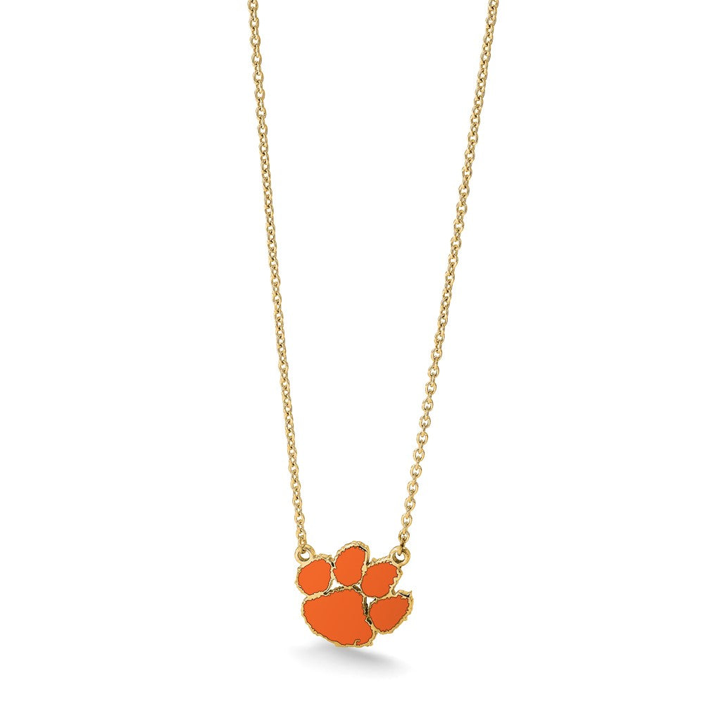 Sterling Silver Gold-plated LogoArt Clemson University Tiger Paw Large Enameled Pendant 18 inch Necklace