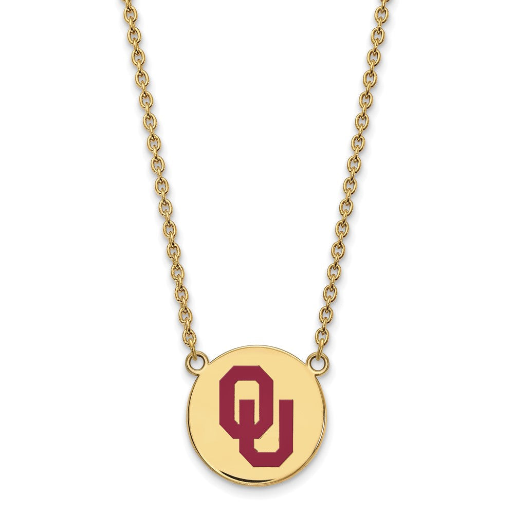 Sterling Silver Gold-plated LogoArt University of Oklahoma O-U Large Enameled Disc Pendant 18 inch Necklace