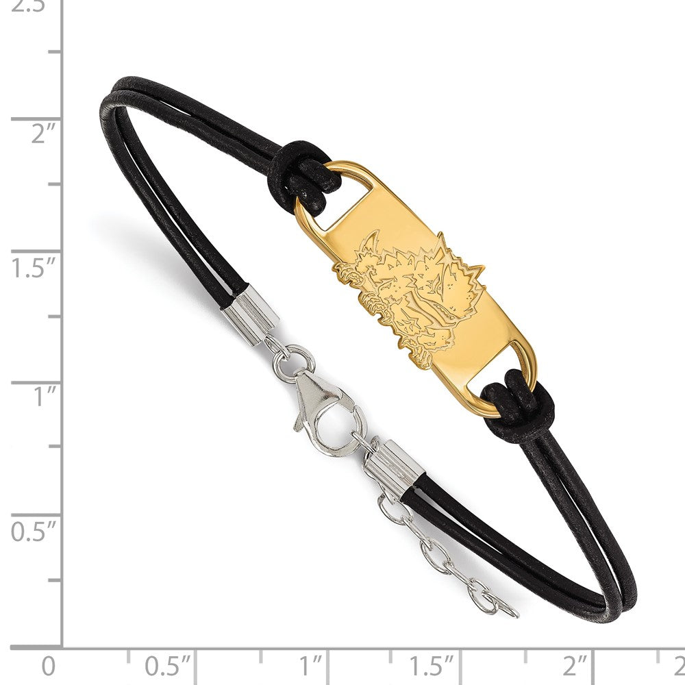Sterling Silver Gold-plated LogoArt Texas Christian University Horned Frog Small Center Black Leather 7 inch Bracelet with Extender