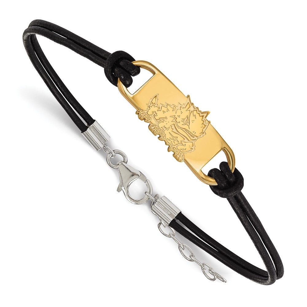 Sterling Silver Gold-plated LogoArt Texas Christian University Horned Frog Small Center Black Leather 7 inch Bracelet with Extender