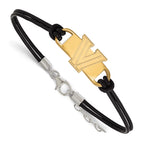 Sterling Silver Gold-plated LogoArt Villanova University Letter V Small Center Black Leather 7 inch Bracelet with Extender