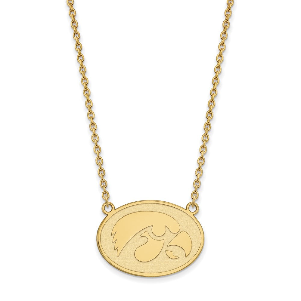 Sterling Silver Gold-plated LogoArt University of Iowa Hawk Large Oval Pendant 18 inch Necklace