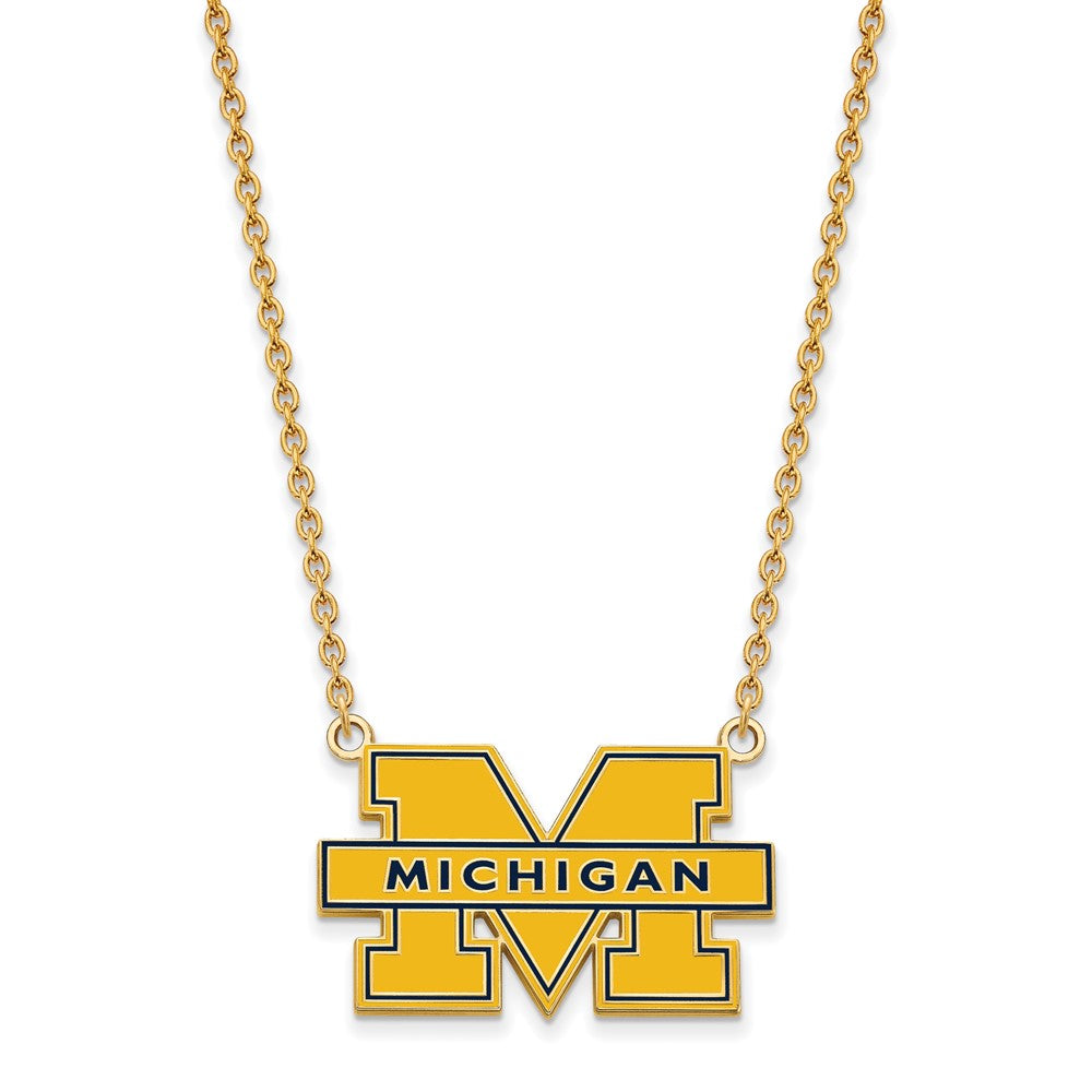 Sterling Silver Gold-plated LogoArt University of Michigan Letter M Large Blue Enameled Pendant 18 inch Necklace