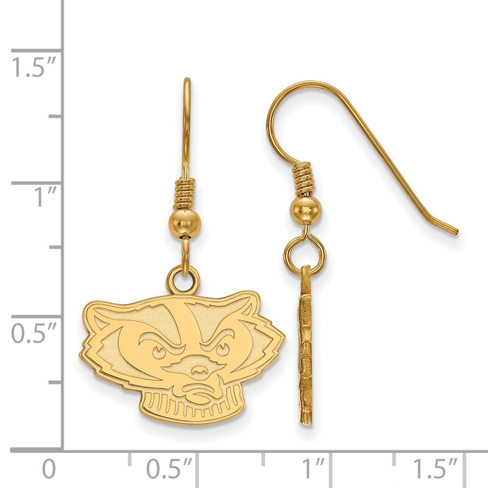 Sterling Silver Gold-plated LogoArt University of Wisconsin Badger Small Dangle Wire Earrings