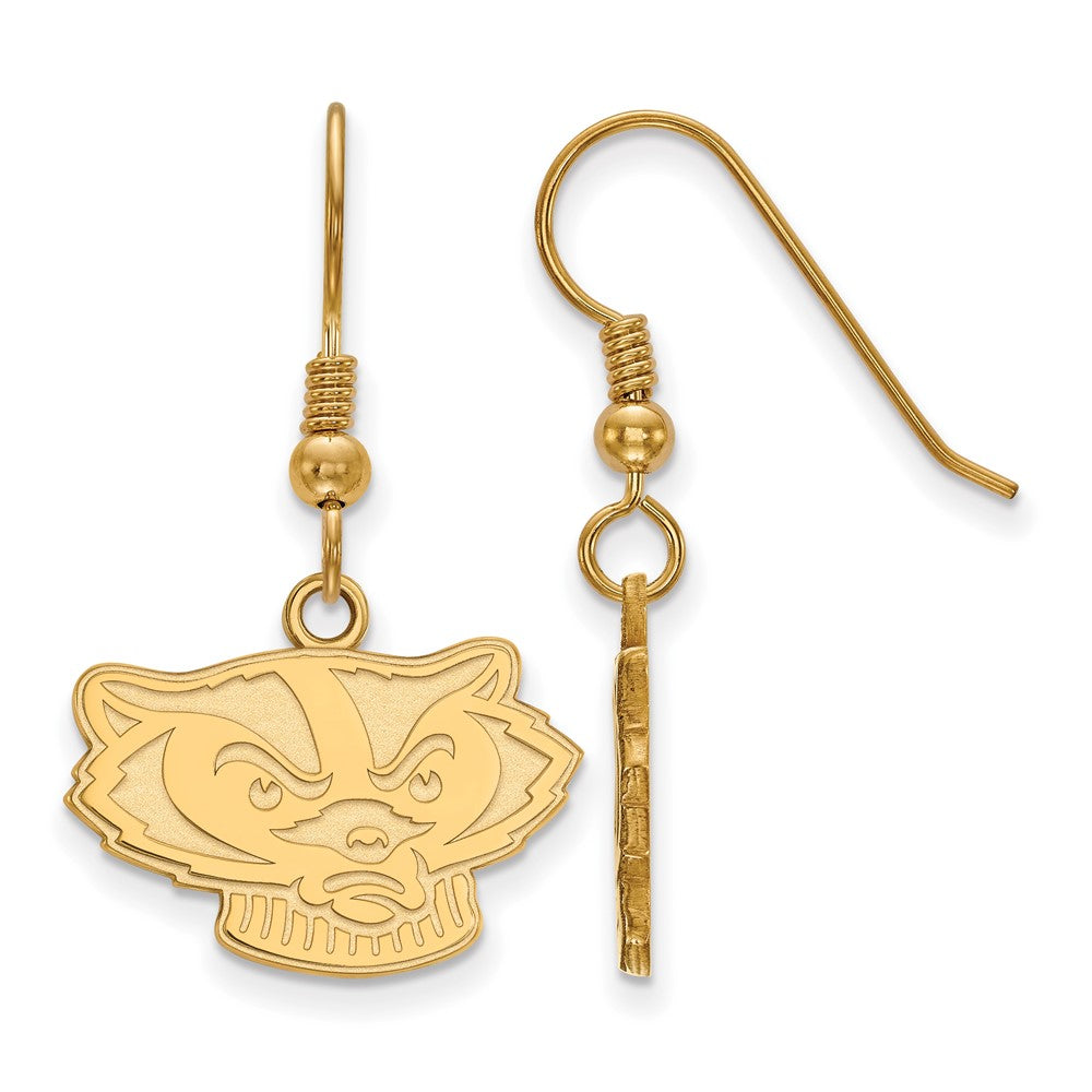 Sterling Silver Gold-plated LogoArt University of Wisconsin Badger Small Dangle Wire Earrings