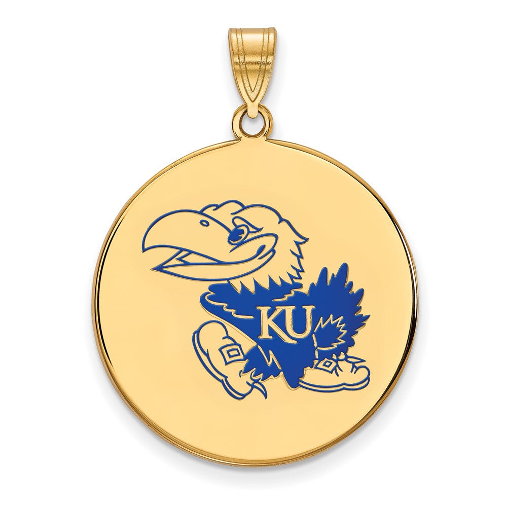 Sterling Silver Gold-plated LogoArt University of Kansas Jayhawk Extra Large Enameled Disc Pendant