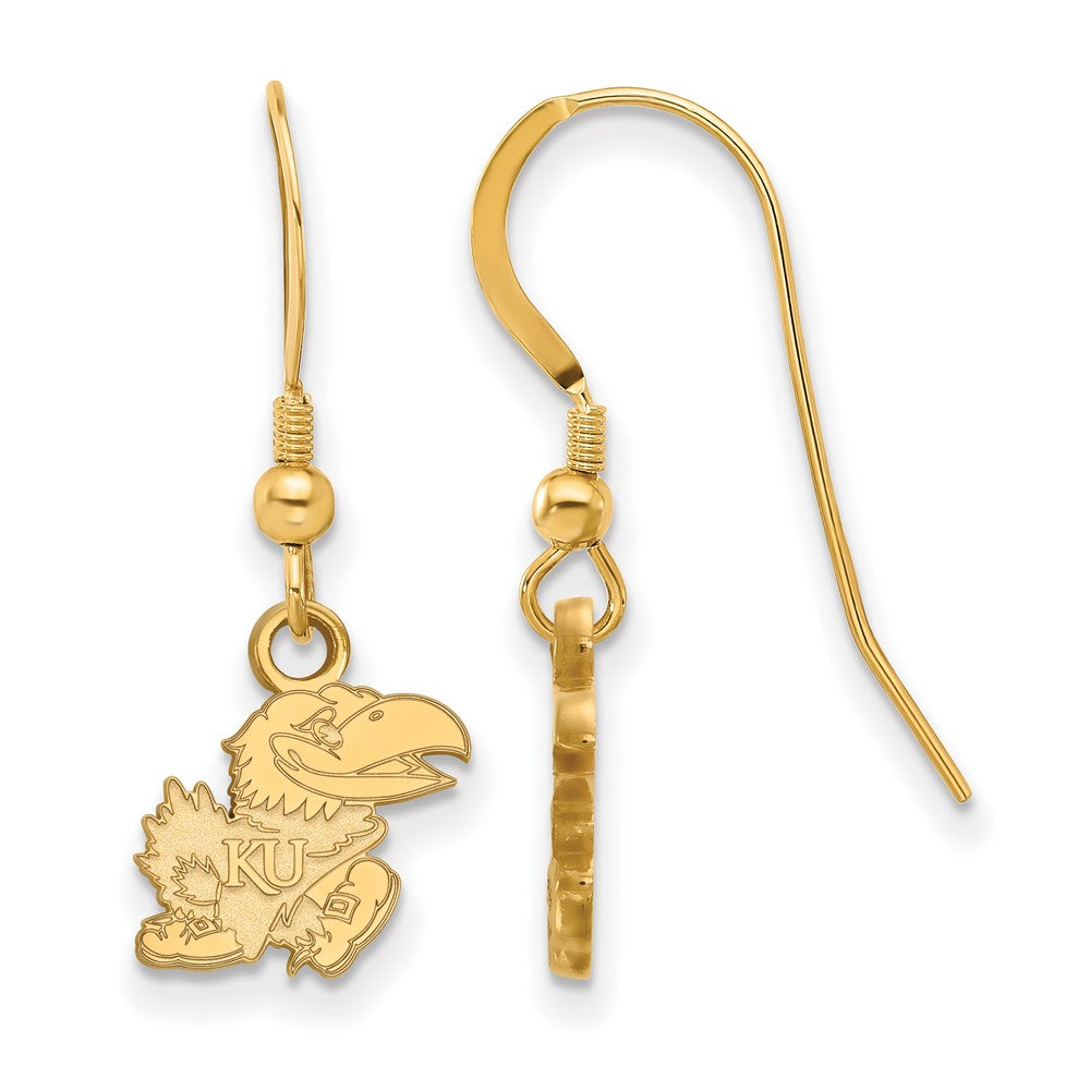 Sterling Silver Gold-plated LogoArt University of Kansas Jayhawk Extra Small Dangle Wire Earrings