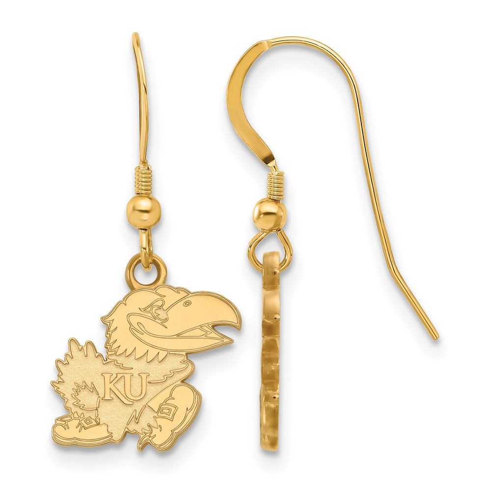 Sterling Silver Gold-plated LogoArt University of Kansas Jayhawk Small Dangle Wire Earrings