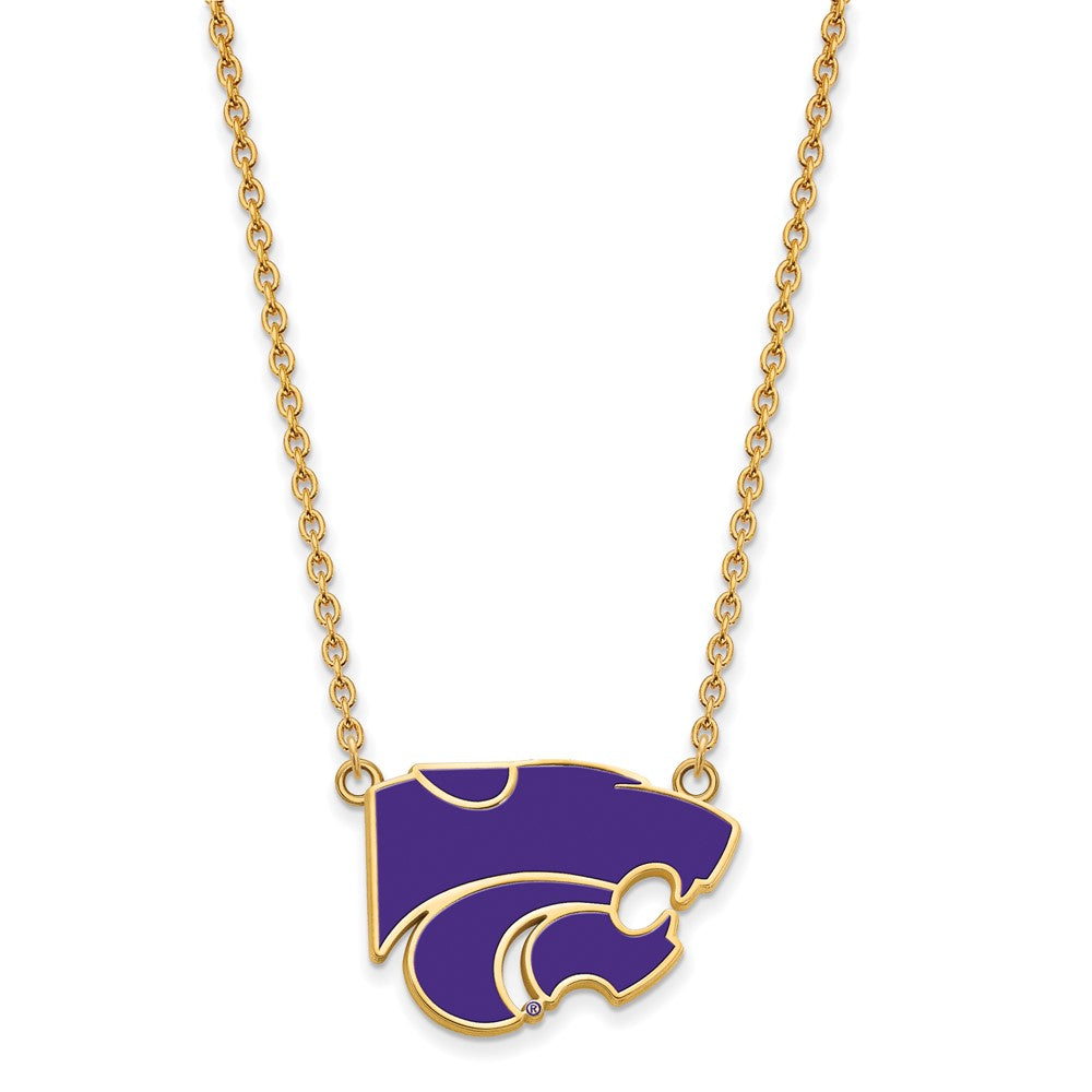 Sterling Silver Gold-plated LogoArt Kansas State University Wildcat Large Enameled Pendant 18 inch Necklace