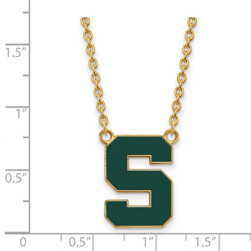 Sterling Silver Gold-plated LogoArt Michigan State University Letter S Large Enameled Pendant 18 inch Necklace