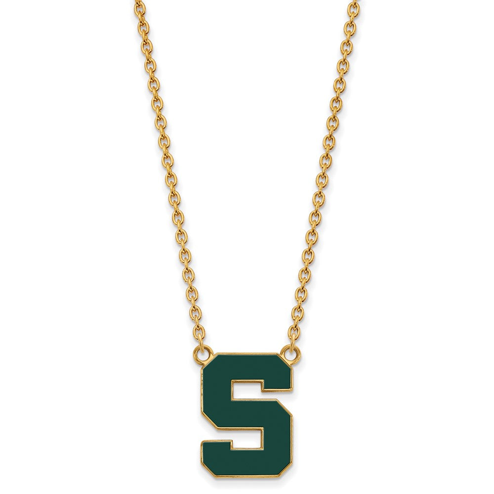 Sterling Silver Gold-plated LogoArt Michigan State University Letter S Large Enameled Pendant 18 inch Necklace