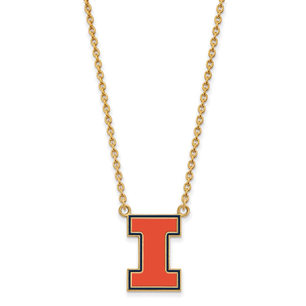 Sterling Silver Gold-plated LogoArt University of Illinois Letter I Large Enameled Pendant 18 inch Necklace