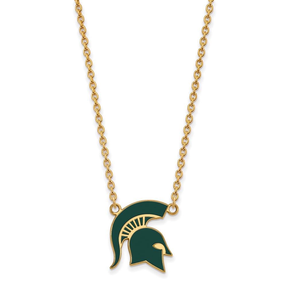Sterling Silver Gold-plated LogoArt Michigan State University Spartan Large Enameled Pendant 18 inch Necklace