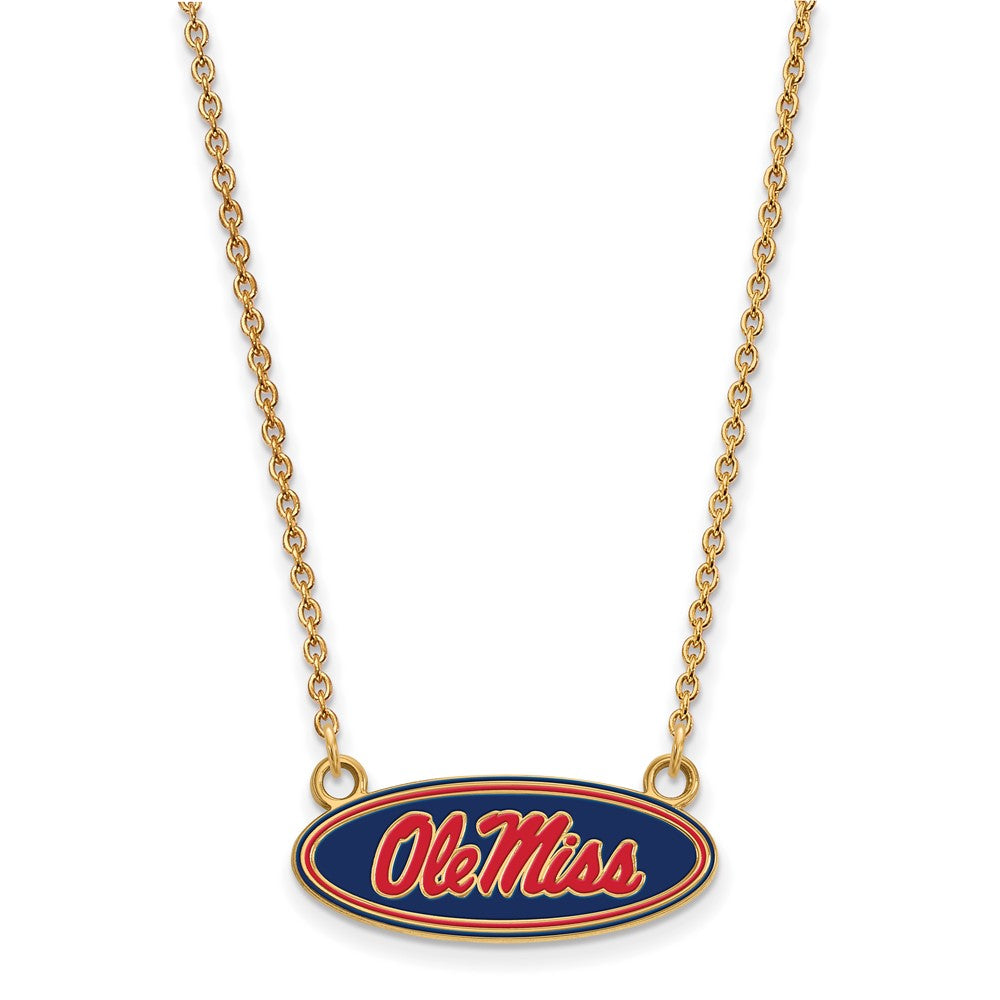 Sterling Silver Gold-plated LogoArt University of Mississippi Ole Miss Small Enameled Oval Pendant 18 inch Necklace