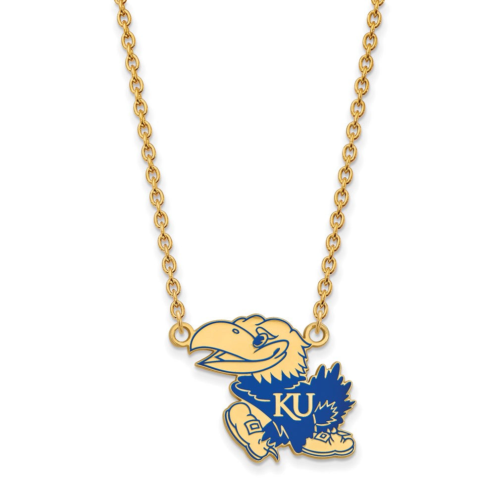 Sterling Silver Gold-plated LogoArt University of Kansas Jayhawk Large Enameled Pendant 18 inch Necklace