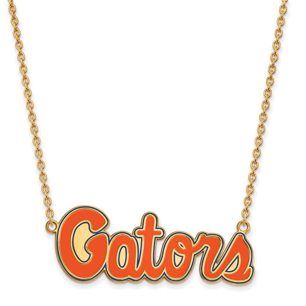 Sterling Silver Gold-plated LogoArt University of Florida Gators Script Large Enameled Pendant 18 inch Necklace