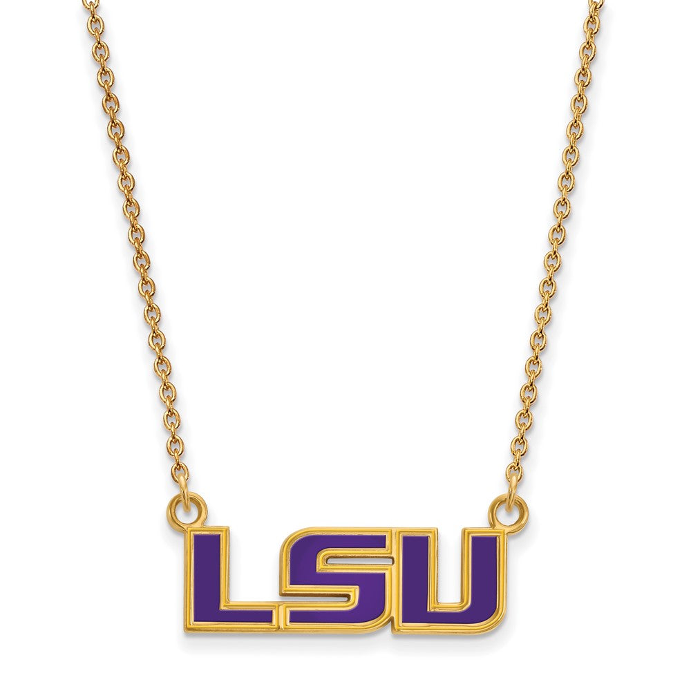 Sterling Silver Gold-plated LogoArt Louisiana State University L-S-U Small Enameled Pendant 18 inch Necklace