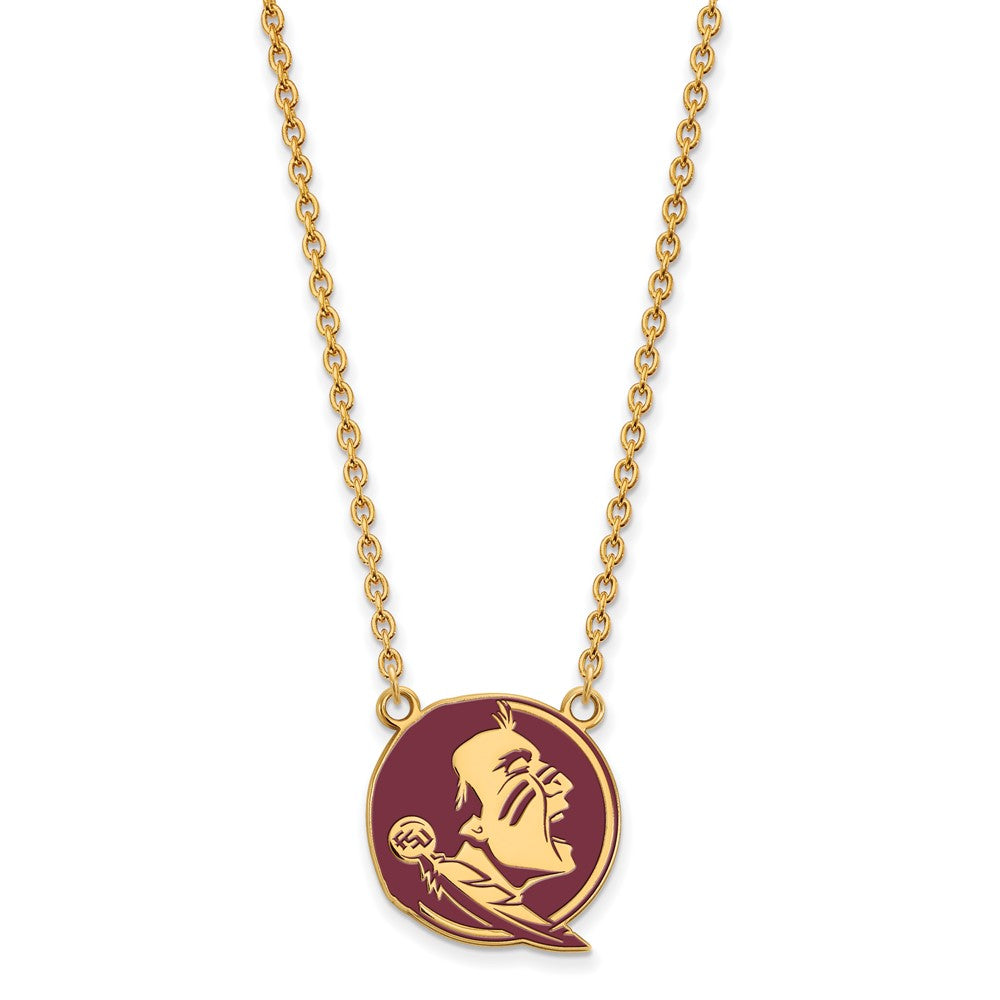 Sterling Silver Gold-plated LogoArt Florida State University Seminole Large Enameled Pendant 18 inch Necklace