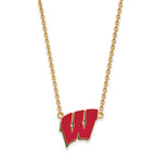 Sterling Silver Gold-plated LogoArt University of Wisconsin Letter W Large Enameled Pendant 18 inch Necklace