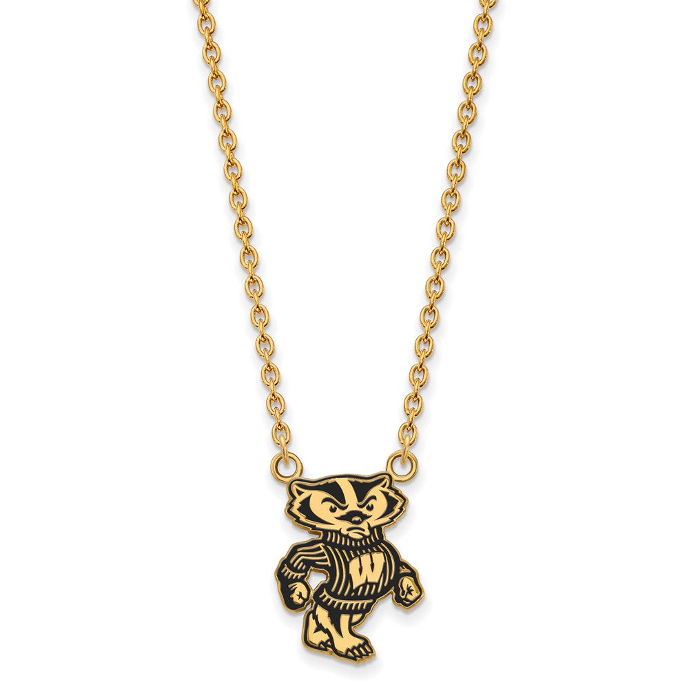 Sterling Silver Gold-plated LogoArt University of Wisconsin Badger Large Enameled Pendant 18 inch Necklace