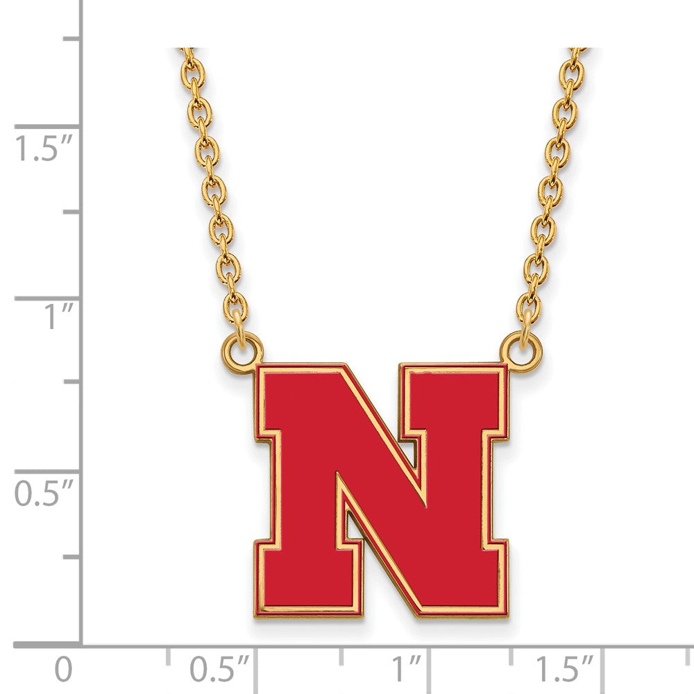 Sterling Silver Gold-plated LogoArt University of Nebraska Letter N Large Enameled Pendant 18 inch Necklace