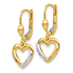14K and White Rhodium Textured and Polished Heart Leverback Earrings