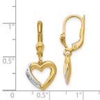 14K and White Rhodium Textured and Polished Heart Leverback Earrings