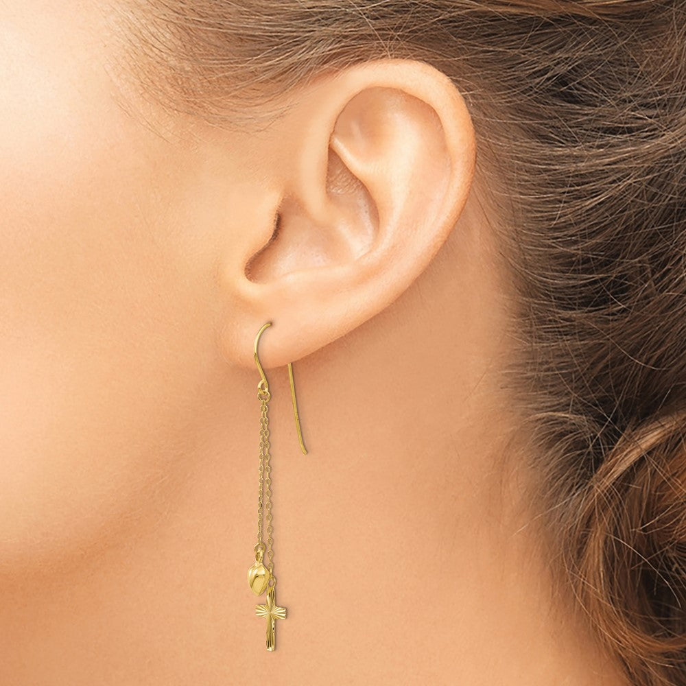 14K Ropa Chain Puffed Heart and Diamond-Cut Cross Dangle French Hook Earrings