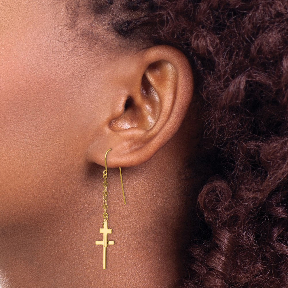 14K Chain Dangle 2-Cross French Hook Earrings
