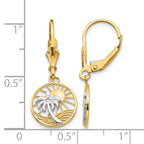 14k and White Rhodium Palm Tree and Sun in Circle Leverback Earrings