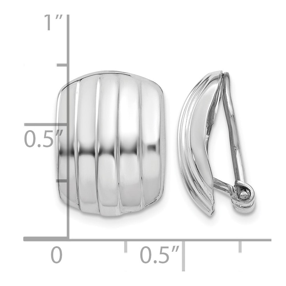 14k White Gold 12x17mm Polished Ribbed Omega Back Non-pierced Earrings
