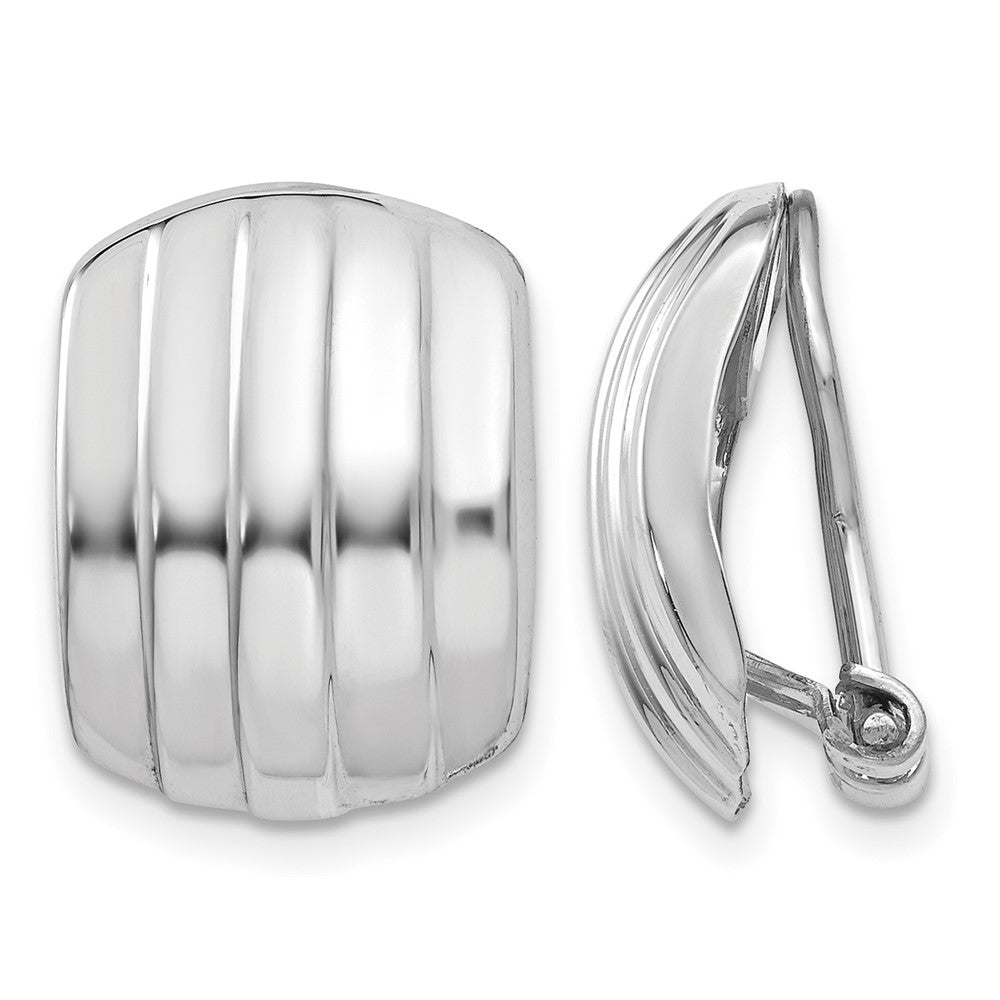 14k White Gold 12x17mm Polished Ribbed Omega Back Non-pierced Earrings