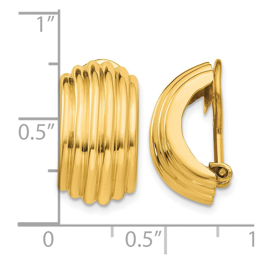 14k 9.5x16mm Polished Ribbed Half Hoop Omega Back Non-pierced Earrings