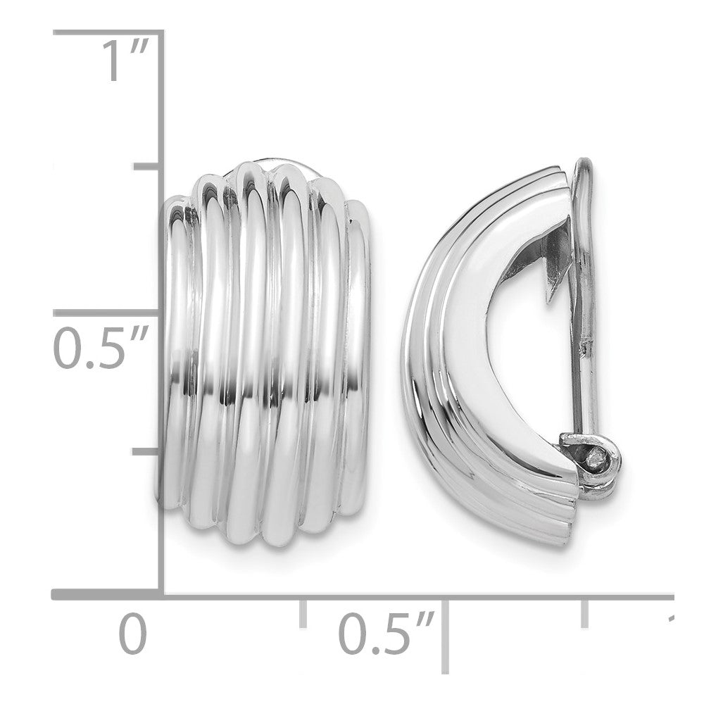 14k White Gold 9.5x16mm Polished Ribbed Half Hoop Omega Back Non-pierced Earrings