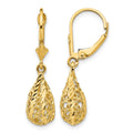 14k Polished Diamond-Cut Filigree Teardrop Dangle Leverback Earrings