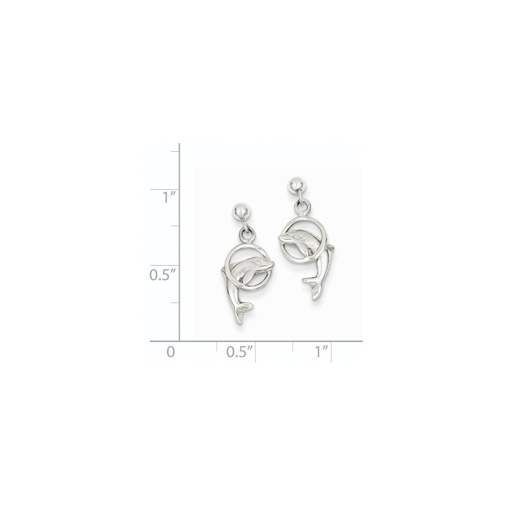 14k White Gold Polished Dolphin Jumping Through Hoop Dangle Post Earrings