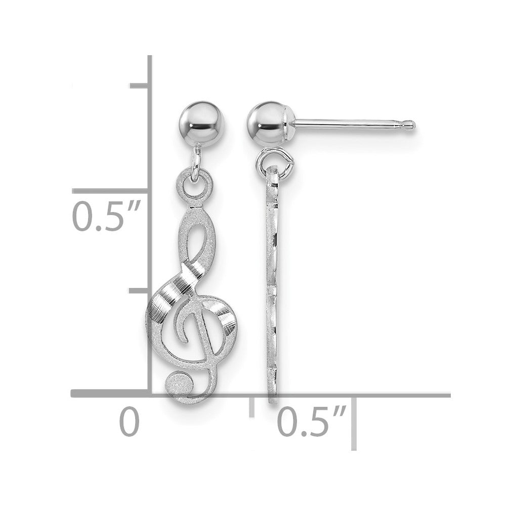 14k White Gold Polished Diamond-cut Treble Clef Dangle Post Earrings