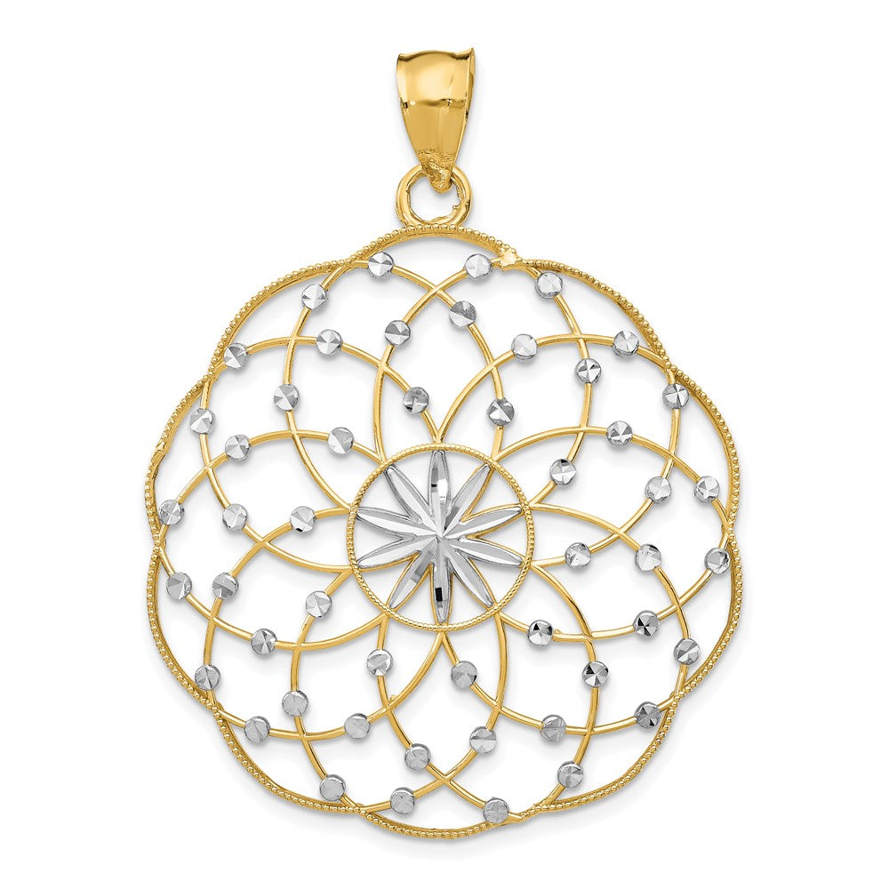 14k and White Rhodium Diamond-cut Spiral Circle Pendant