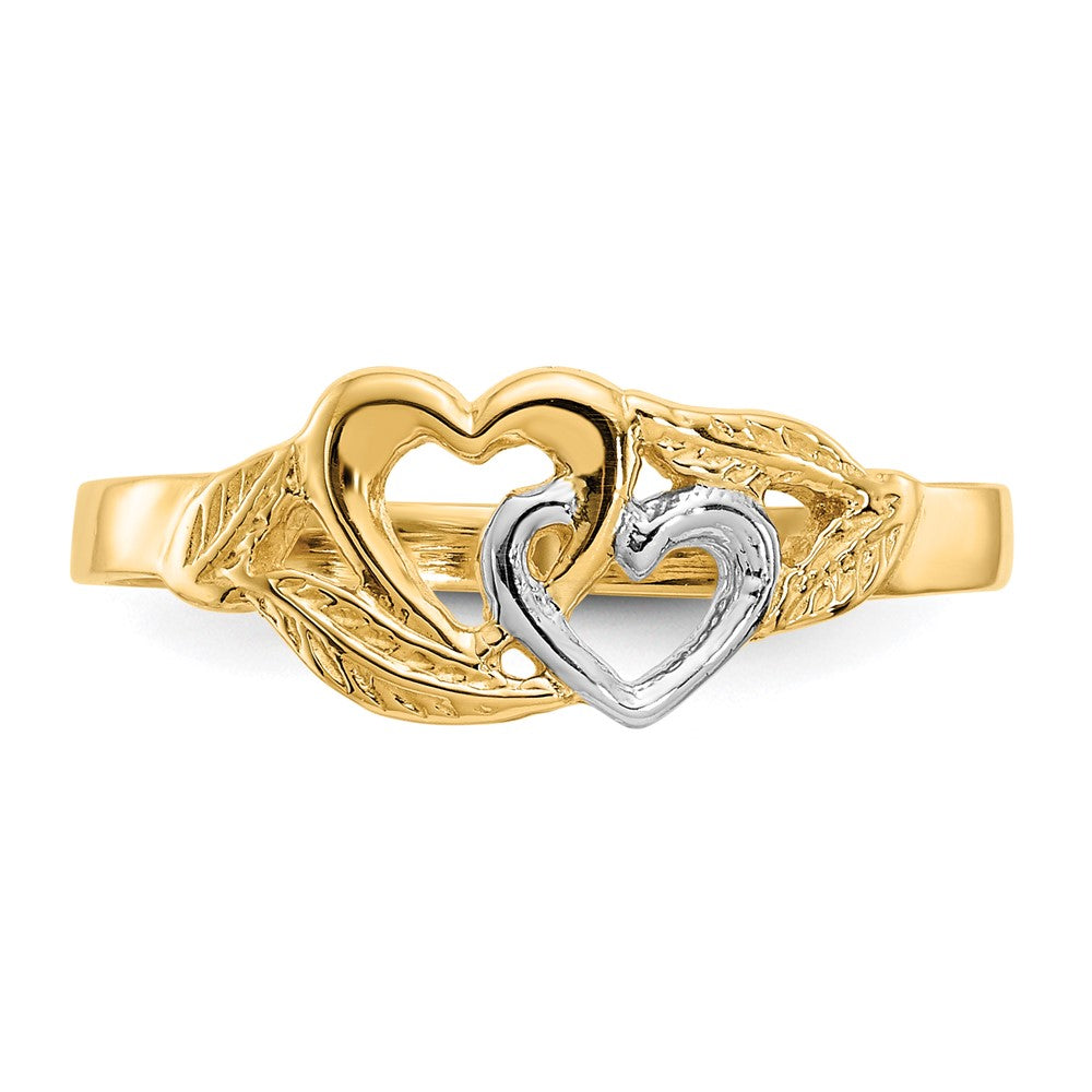 14K and White Rhodium Polished 2 Hearts and Leaves Ring