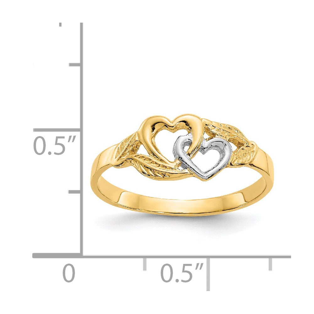 14K and White Rhodium Polished 2 Hearts and Leaves Ring
