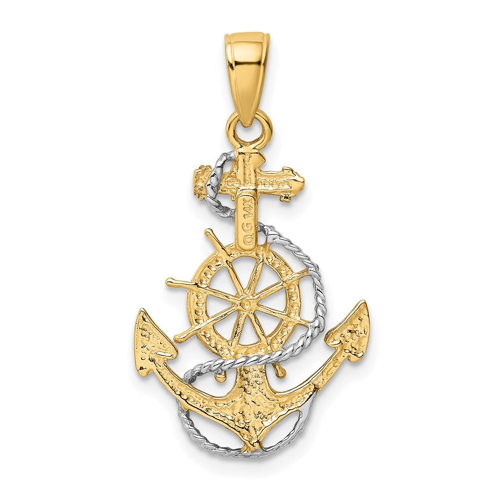 14K and White Rhodium Anchor with Rope and Ships Wheel Pendant