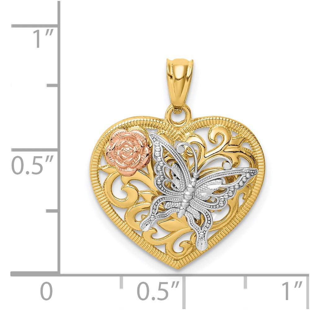 14k Tri-color Butterfly Heart Pendant