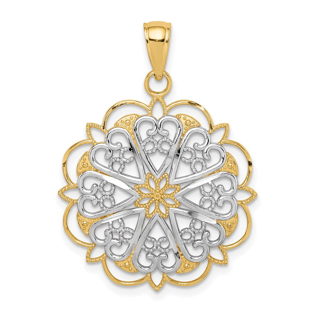14K and White Rhodium Filigree Hearts with Scalloped Edge Pendant