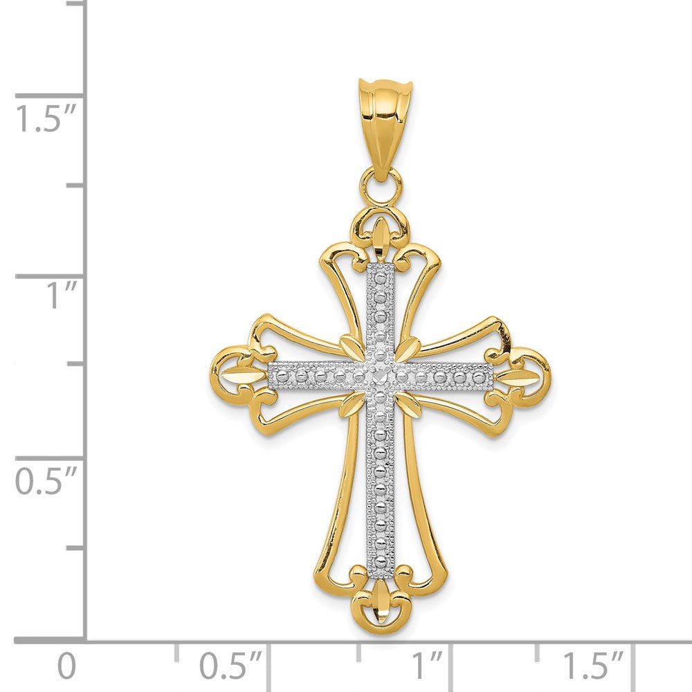 14K and White Rhodium Budded Cross Pendant