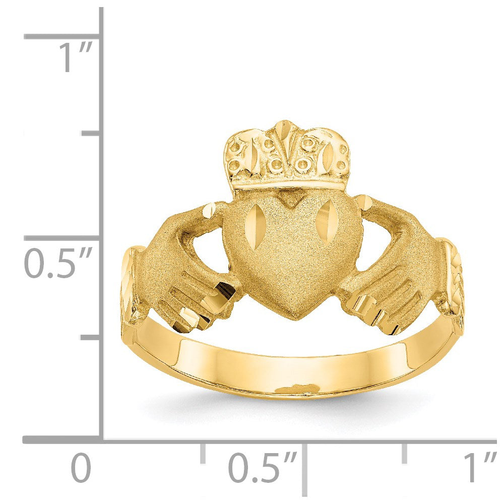 14K Mens Satin Diamond-cut Claddagh Ring